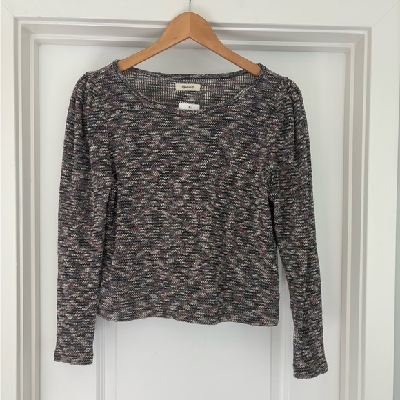 NWT Madewell Multicolored Knit Top Marled Puffed Shoulder Long Sleeve Black Pink - Picture 3 of 9